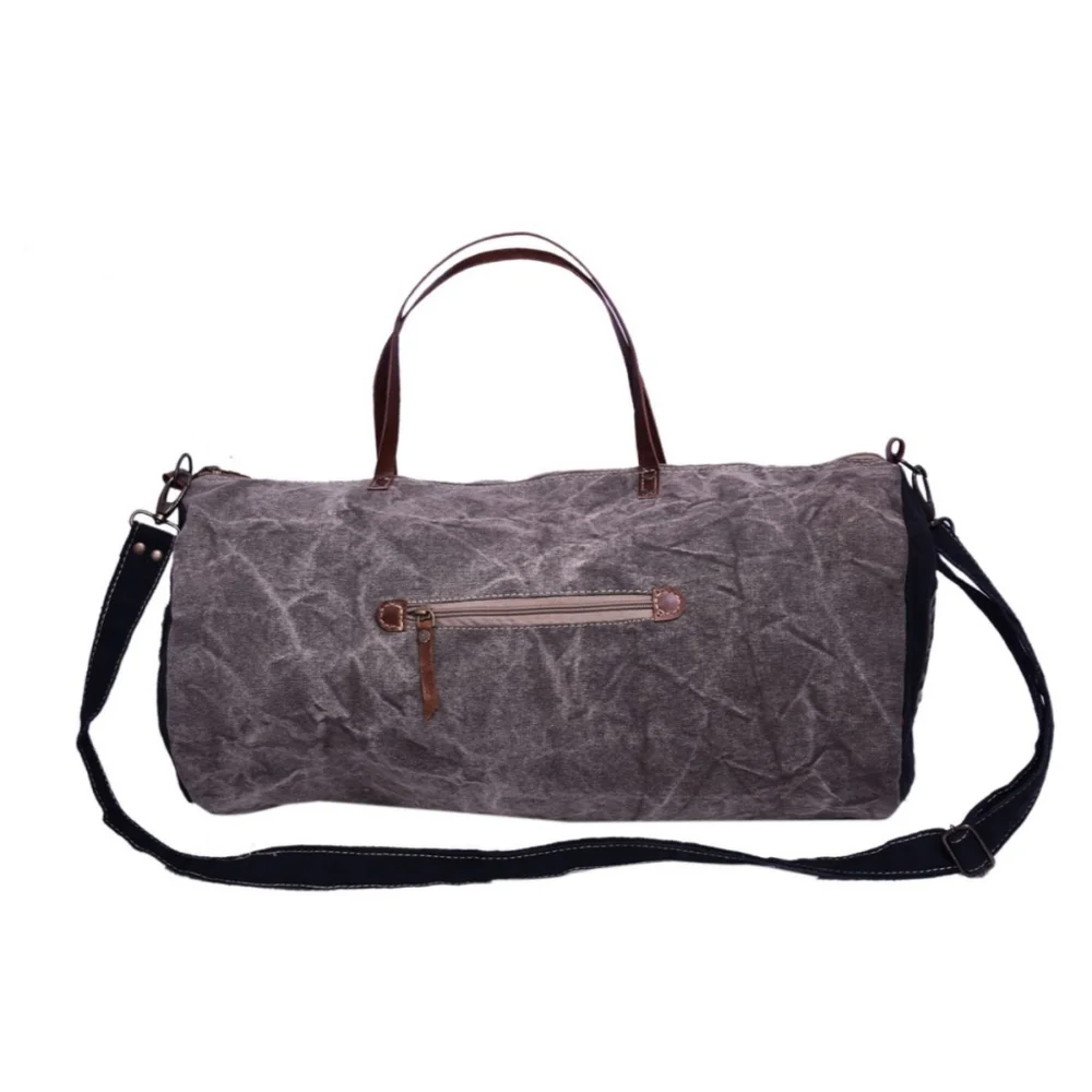 Vintage Canvas Duffel Bag with Leather Accents - Gray